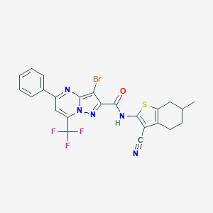 molecular formula C24H17BrF3N5OS B447736 3-bromo-N-(3-cyano-6-methyl-4,5,6,7-tetrahydro-1-benzothien-2-yl)-5-phenyl-7-(trifluoromethyl)pyrazolo[1,5-a]pyrimidine-2-carboxamide 