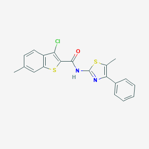 molecular formula C20H15ClN2OS2 B447744 3-chloro-6-methyl-N-(5-methyl-4-phenyl-1,3-thiazol-2-yl)-1-benzothiophene-2-carboxamide 