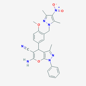 molecular formula C27H25N7O4 B447746 6-amino-4-[3-[(3,5-dimethyl-4-nitropyrazol-1-yl)methyl]-4-methoxyphenyl]-3-methyl-1-phenyl-4H-pyrano[2,3-c]pyrazole-5-carbonitrile CAS No. 370872-26-7