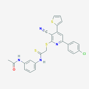 molecular formula C26H19ClN4OS3 B447747 N-{3-[(2-{[6-(4-chlorophenyl)-3-cyano-4-(2-thienyl)-2-pyridinyl]sulfanyl}ethanethioyl)amino]phenyl}acetamide 