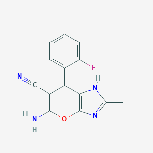 molecular formula C14H11FN4O B447750 5-Amino-7-(2-fluorophenyl)-2-methyl-3,7-dihydropyrano[2,3-d]imidazole-6-carbonitrile 