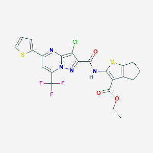 molecular formula C22H16ClF3N4O3S2 B447753 ethyl 2-({[3-chloro-5-(2-thienyl)-7-(trifluoromethyl)pyrazolo[1,5-a]pyrimidin-2-yl]carbonyl}amino)-5,6-dihydro-4H-cyclopenta[b]thiophene-3-carboxylate 
