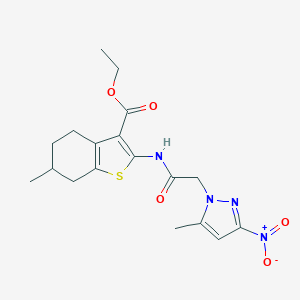 molecular formula C18H22N4O5S B447766 ethyl 2-[({3-nitro-5-methyl-1H-pyrazol-1-yl}acetyl)amino]-6-methyl-4,5,6,7-tetrahydro-1-benzothiophene-3-carboxylate 