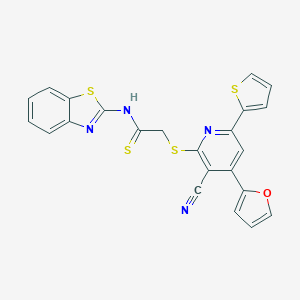 molecular formula C23H14N4OS4 B447772 N-(1,3-benzothiazol-2-yl)-2-{[3-cyano-4-(2-furyl)-6-(2-thienyl)-2-pyridinyl]sulfanyl}ethanethioamide 
