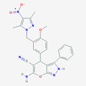 molecular formula C26H23N7O4 B447781 6-Amino-4-[3-[(3,5-dimethyl-4-nitropyrazol-1-yl)methyl]-4-methoxyphenyl]-3-phenyl-2,4-dihydropyrano[2,3-c]pyrazole-5-carbonitrile CAS No. 304876-92-4