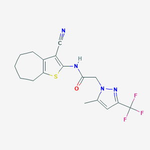 molecular formula C17H17F3N4OS B447786 N-(3-cyano-5,6,7,8-tetrahydro-4H-cyclohepta[b]thiophen-2-yl)-2-[5-methyl-3-(trifluoromethyl)-1H-pyrazol-1-yl]acetamide 