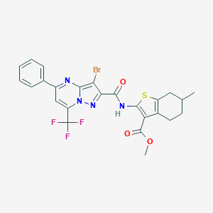 molecular formula C25H20BrF3N4O3S B447791 Methyl 2-({[3-bromo-5-phenyl-7-(trifluoromethyl)pyrazolo[1,5-a]pyrimidin-2-yl]carbonyl}amino)-6-methyl-4,5,6,7-tetrahydro-1-benzothiophene-3-carboxylate 