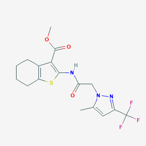 molecular formula C17H18F3N3O3S B447797 methyl 2-({[5-methyl-3-(trifluoromethyl)-1H-pyrazol-1-yl]acetyl}amino)-4,5,6,7-tetrahydro-1-benzothiophene-3-carboxylate 