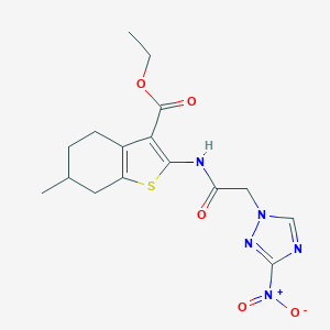molecular formula C16H19N5O5S B447803 6-Methyl-2-[2-(3-nitro-[1,2,4]triazol-1-yl)-acetylamino]-4,5,6,7-tetrahydro-benzo[b]thiophene-3-carboxylic acid ethyl ester 