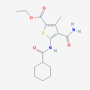 molecular formula C16H22N2O4S B447897 Ethyl 4-carbamoyl-5-[(cyclohexylcarbonyl)amino]-3-methylthiophene-2-carboxylate 