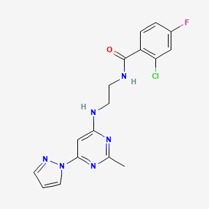 molecular formula C17H16ClFN6O B4479369 2-chloro-4-fluoro-N-(2-{[2-methyl-6-(1H-pyrazol-1-yl)-4-pyrimidinyl]amino}ethyl)benzamide 