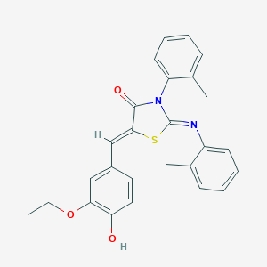 molecular formula C26H24N2O3S B447960 5-(3-Ethoxy-4-hydroxybenzylidene)-3-(2-methylphenyl)-2-[(2-methylphenyl)imino]-1,3-thiazolidin-4-one 