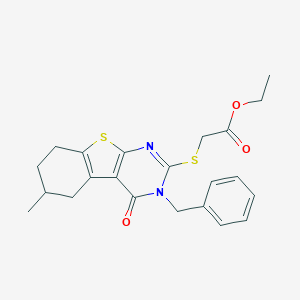 molecular formula C22H24N2O3S2 B447976 Ethyl 2-[(3-benzyl-6-methyl-4-oxo-5,6,7,8-tetrahydro-[1]benzothiolo[2,3-d]pyrimidin-2-yl)sulfanyl]acetate CAS No. 327168-58-1