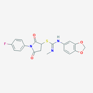 molecular formula C19H16FN3O4S B448007 1-(4-fluorophenyl)-2,5-dioxopyrrolidin-3-yl N'-1,3-benzodioxol-5-yl-N-methylcarbamimidothioate 