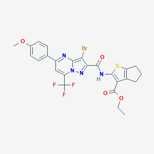 molecular formula C25H20BrF3N4O4S B448025 ethyl 2-({[3-bromo-5-(4-methoxyphenyl)-7-(trifluoromethyl)pyrazolo[1,5-a]pyrimidin-2-yl]carbonyl}amino)-5,6-dihydro-4H-cyclopenta[b]thiophene-3-carboxylate 