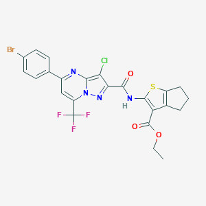 molecular formula C24H17BrClF3N4O3S B448033 ethyl 2-({[5-(4-bromophenyl)-3-chloro-7-(trifluoromethyl)pyrazolo[1,5-a]pyrimidin-2-yl]carbonyl}amino)-5,6-dihydro-4H-cyclopenta[b]thiophene-3-carboxylate 