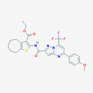 molecular formula C27H25F3N4O4S B448036 ethyl 2-({[5-(4-methoxyphenyl)-7-(trifluoromethyl)pyrazolo[1,5-a]pyrimidin-2-yl]carbonyl}amino)-5,6,7,8-tetrahydro-4H-cyclohepta[b]thiophene-3-carboxylate 