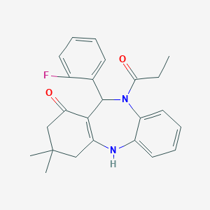 molecular formula C24H25FN2O2 B448123 6-(2-Fluorophenyl)-9,9-dimethyl-5-propanoyl-6,8,10,11-tetrahydrobenzo[b][1,4]benzodiazepin-7-one CAS No. 312621-30-0