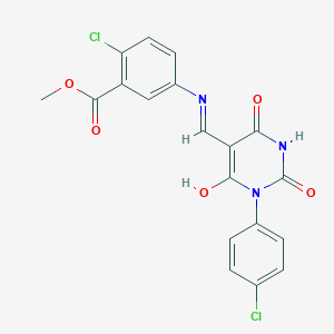 molecular formula C19H13Cl2N3O5 B448132 methyl 2-chloro-5-{[(1-(4-chlorophenyl)-2,4,6-trioxotetrahydro-5(2H)-pyrimidinylidene)methyl]amino}benzoate 