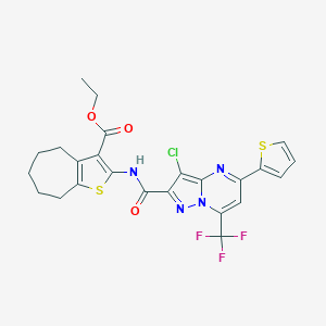 molecular formula C24H20ClF3N4O3S2 B448138 ethyl 2-({[3-chloro-5-(2-thienyl)-7-(trifluoromethyl)pyrazolo[1,5-a]pyrimidin-2-yl]carbonyl}amino)-5,6,7,8-tetrahydro-4H-cyclohepta[b]thiophene-3-carboxylate 