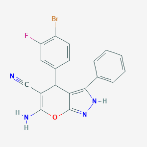 molecular formula C19H12BrFN4O B448258 6-Amino-4-(4-bromo-3-fluorophenyl)-3-phenyl-2,4-dihydropyrano[2,3-c]pyrazole-5-carbonitrile 