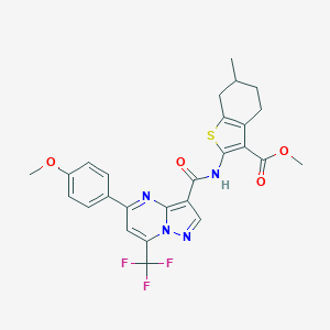 molecular formula C26H23F3N4O4S B448260 Methyl 2-({[5-(4-methoxyphenyl)-7-(trifluoromethyl)pyrazolo[1,5-a]pyrimidin-3-yl]carbonyl}amino)-6-methyl-4,5,6,7-tetrahydro-1-benzothiophene-3-carboxylate 