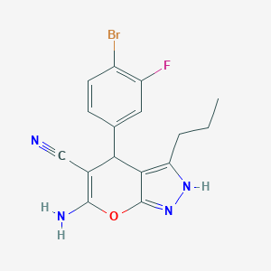 molecular formula C16H14BrFN4O B448286 6-Amino-4-(4-bromo-3-fluorophenyl)-3-propyl-2,4-dihydropyrano[2,3-c]pyrazole-5-carbonitrile 