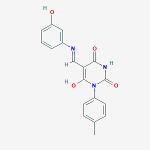 molecular formula C18H15N3O4 B448291 5-[(3-hydroxyanilino)methylene]-1-(4-methylphenyl)-2,4,6(1H,3H,5H)-pyrimidinetrione 