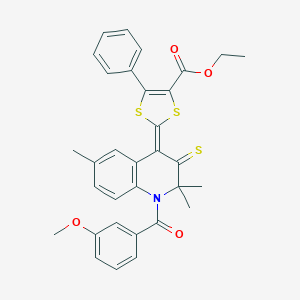 molecular formula C32H29NO4S3 B448317 ethyl (2Z)-2-{1-[(3-methoxyphenyl)carbonyl]-2,2,6-trimethyl-3-thioxo-2,3-dihydroquinolin-4(1H)-ylidene}-5-phenyl-1,3-dithiole-4-carboxylate 