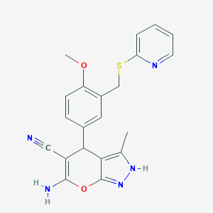 molecular formula C21H19N5O2S B448320 6-Amino-4-{4-methoxy-3-[(2-pyridinylsulfanyl)methyl]phenyl}-3-methyl-2,4-dihydropyrano[2,3-c]pyrazole-5-carbonitrile CAS No. 354550-65-5