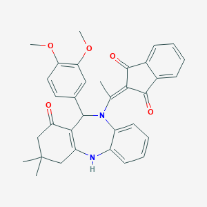 molecular formula C34H32N2O5 B448340 2-{1-[11-(3,4-dimethoxyphenyl)-3,3-dimethyl-1-oxo-1,2,3,4,5,11-hexahydro-10H-dibenzo[b,e][1,4]diazepin-10-yl]ethylidene}-1H-indene-1,3(2H)-dione 