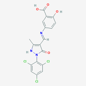 molecular formula C18H12Cl3N3O4 B448396 2-hydroxy-5-({(Z)-[3-methyl-5-oxo-1-(2,4,6-trichlorophenyl)-1,5-dihydro-4H-pyrazol-4-ylidene]methyl}amino)benzoic acid 