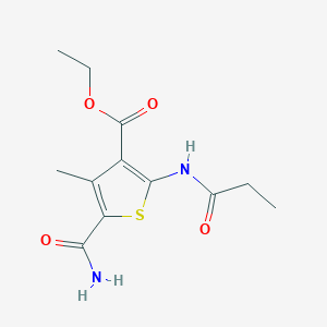 molecular formula C12H16N2O4S B448426 Ethyl 5-carbamoyl-4-methyl-2-(propanoylamino)thiophene-3-carboxylate 