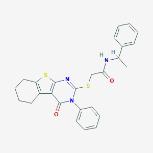 molecular formula C26H25N3O2S2 B448513 2-[(4-oxo-3-phenyl-3,4,5,6,7,8-hexahydro[1]benzothieno[2,3-d]pyrimidin-2-yl)sulfanyl]-N-(1-phenylethyl)acetamide CAS No. 362593-76-8