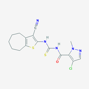 molecular formula C16H16ClN5OS2 B448652 4-chloro-N-[(3-cyano-5,6,7,8-tetrahydro-4H-cyclohepta[b]thiophen-2-yl)carbamothioyl]-1-methyl-1H-pyrazole-5-carboxamide 