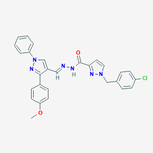 molecular formula C28H23ClN6O2 B448749 1-(4-chlorobenzyl)-N'-{[3-(4-methoxyphenyl)-1-phenyl-1H-pyrazol-4-yl]methylene}-1H-pyrazole-3-carbohydrazide 