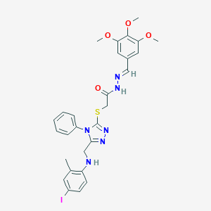 molecular formula C28H29IN6O4S B448770 2-({5-[(4-iodo-2-methylanilino)methyl]-4-phenyl-4H-1,2,4-triazol-3-yl}sulfanyl)-N'-(3,4,5-trimethoxybenzylidene)acetohydrazide 