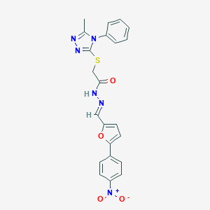 molecular formula C22H18N6O4S B448833 N'-[(5-{4-nitrophenyl}-2-furyl)methylene]-2-[(5-methyl-4-phenyl-4H-1,2,4-triazol-3-yl)sulfanyl]acetohydrazide 