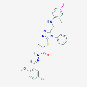 molecular formula C27H26BrIN6O2S B448867 N'-(5-bromo-2-methoxybenzylidene)-2-({5-[(4-iodo-2-methylanilino)methyl]-4-phenyl-4H-1,2,4-triazol-3-yl}sulfanyl)propanohydrazide 
