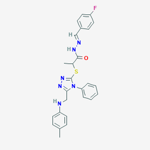 molecular formula C26H25FN6OS B448886 N'-(4-fluorobenzylidene)-2-{[4-phenyl-5-(4-toluidinomethyl)-4H-1,2,4-triazol-3-yl]sulfanyl}propanohydrazide 