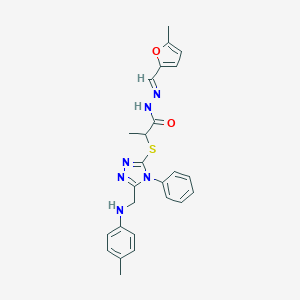 molecular formula C25H26N6O2S B448890 N'-[(5-methyl-2-furyl)methylene]-2-{[4-phenyl-5-(4-toluidinomethyl)-4H-1,2,4-triazol-3-yl]sulfanyl}propanohydrazide 