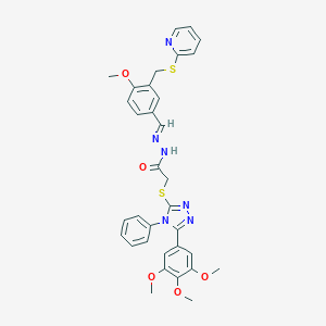 molecular formula C33H32N6O5S2 B448899 N'-{4-methoxy-3-[(2-pyridinylsulfanyl)methyl]benzylidene}-2-{[4-phenyl-5-(3,4,5-trimethoxyphenyl)-4H-1,2,4-triazol-3-yl]sulfanyl}acetohydrazide 