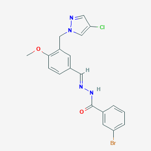 molecular formula C19H16BrClN4O2 B448998 3-bromo-N'-{3-[(4-chloro-1H-pyrazol-1-yl)methyl]-4-methoxybenzylidene}benzohydrazide 