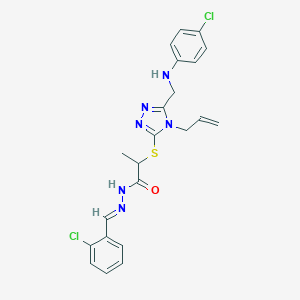 molecular formula C22H22Cl2N6OS B449125 2-({4-allyl-5-[(4-chloroanilino)methyl]-4H-1,2,4-triazol-3-yl}sulfanyl)-N'-(2-chlorobenzylidene)propanohydrazide 