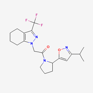 molecular formula C20H25F3N4O2 B4491310 1-{2-[3-(Propan-2-YL)-1,2-oxazol-5-YL]pyrrolidin-1-YL}-2-[3-(trifluoromethyl)-4,5,6,7-tetrahydro-1H-indazol-1-YL]ethan-1-one 