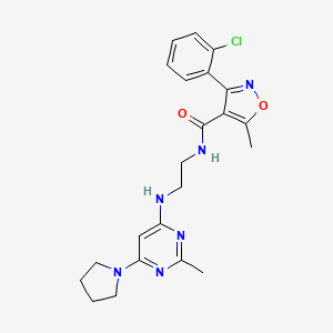 molecular formula C22H25ClN6O2 B4493442 3-(2-chlorophenyl)-5-methyl-N-(2-{[2-methyl-6-(1-pyrrolidinyl)-4-pyrimidinyl]amino}ethyl)-4-isoxazolecarboxamide 