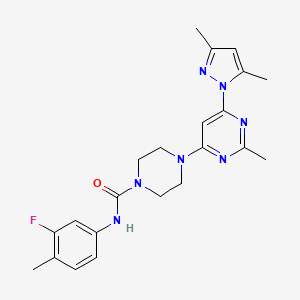 molecular formula C22H26FN7O B4494473 4-[6-(3,5-dimethyl-1H-pyrazol-1-yl)-2-methyl-4-pyrimidinyl]-N-(3-fluoro-4-methylphenyl)-1-piperazinecarboxamide 