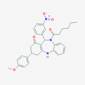 molecular formula C32H33N3O5 B449481 10-hexanoyl-11-{3-nitrophenyl}-3-(4-methoxyphenyl)-2,3,4,5,10,11-hexahydro-1H-dibenzo[b,e][1,4]diazepin-1-one 