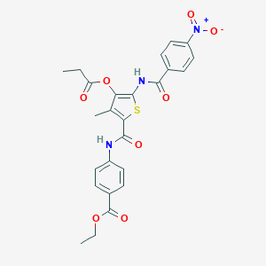 molecular formula C25H23N3O8S B449592 Ethyl 4-({[5-({4-nitrobenzoyl}amino)-3-methyl-4-(propionyloxy)-2-thienyl]carbonyl}amino)benzoate 
