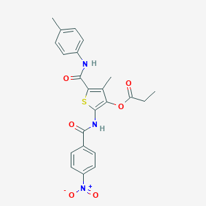 molecular formula C23H21N3O6S B449596 2-({4-Nitrobenzoyl}amino)-4-methyl-5-(4-toluidinocarbonyl)-3-thienyl propionate 